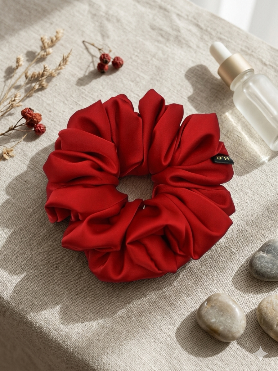 Scrunchie Czerwona Satyna jedwabna Duża - obrazek 3