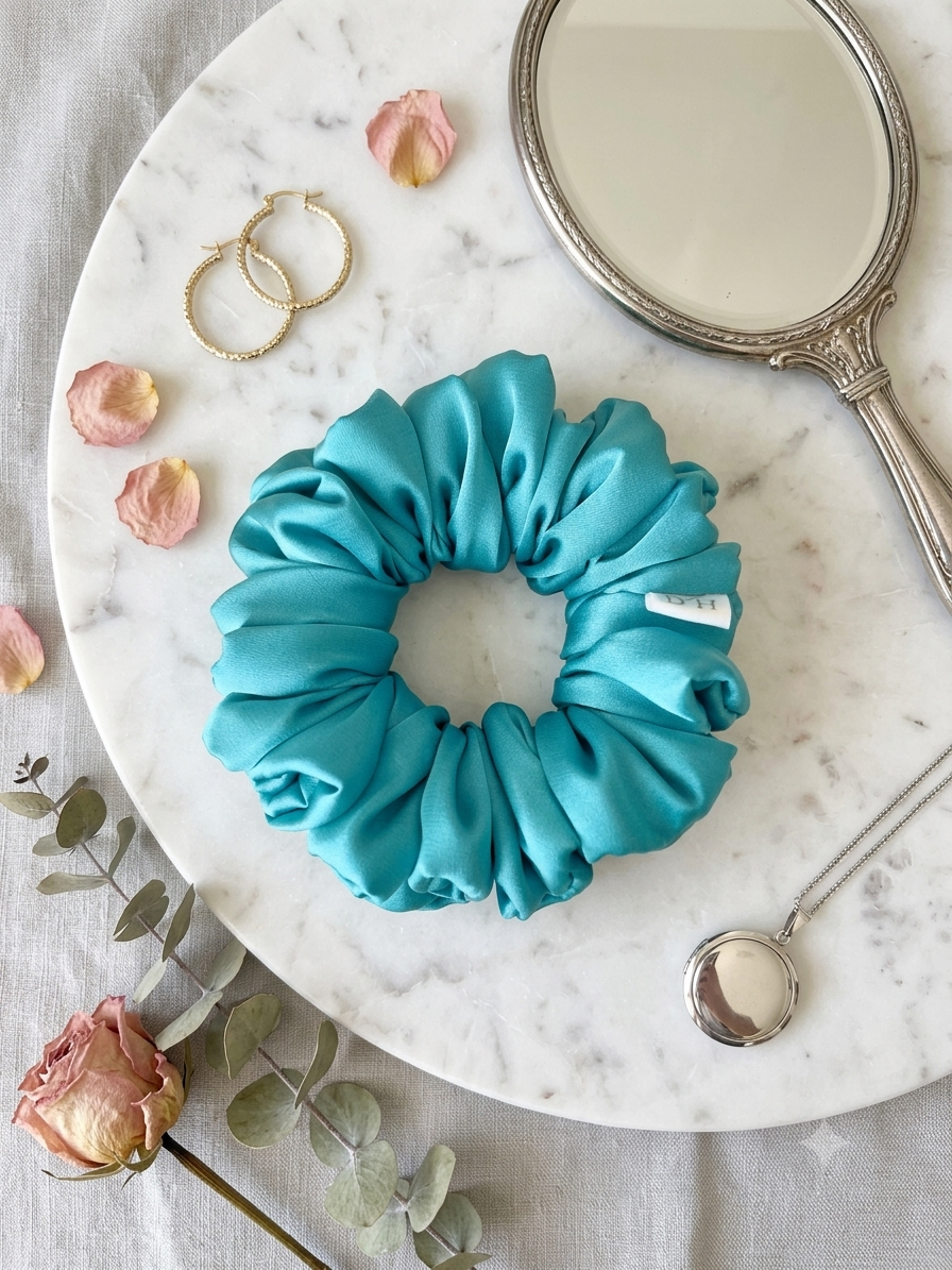Satyno-Jedwabna gumka do włosów Scrunchie Standard - Turkus - obrazek 2