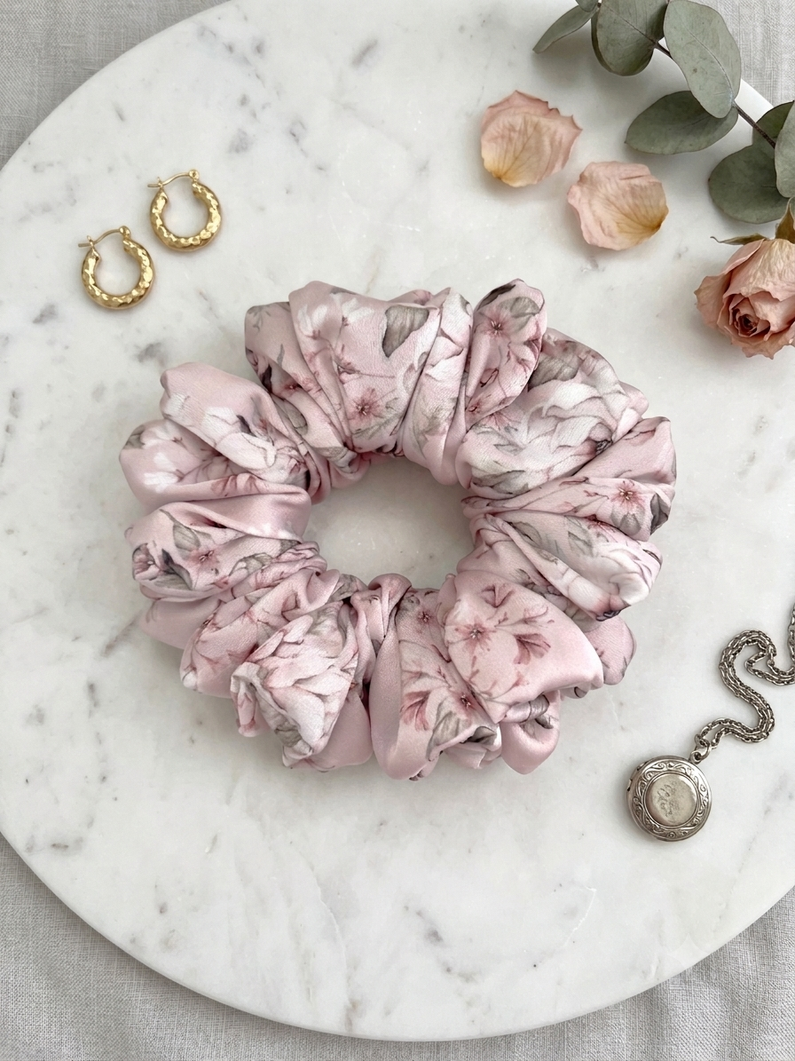 Scrunchie Brudny Róż w Kwiaty-Standard - obrazek 2