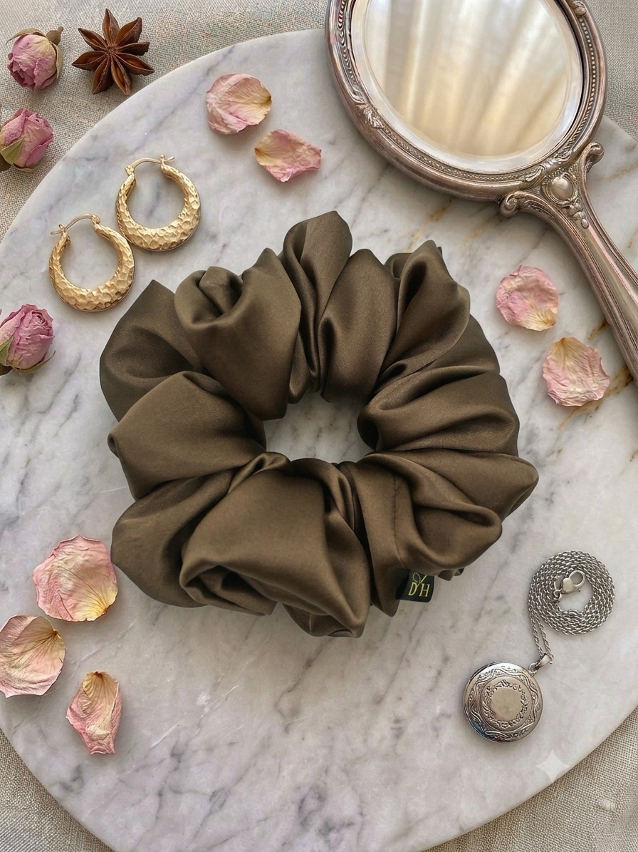 Scrunchie Ciemny Beż Jedwab Duża - obrazek 2